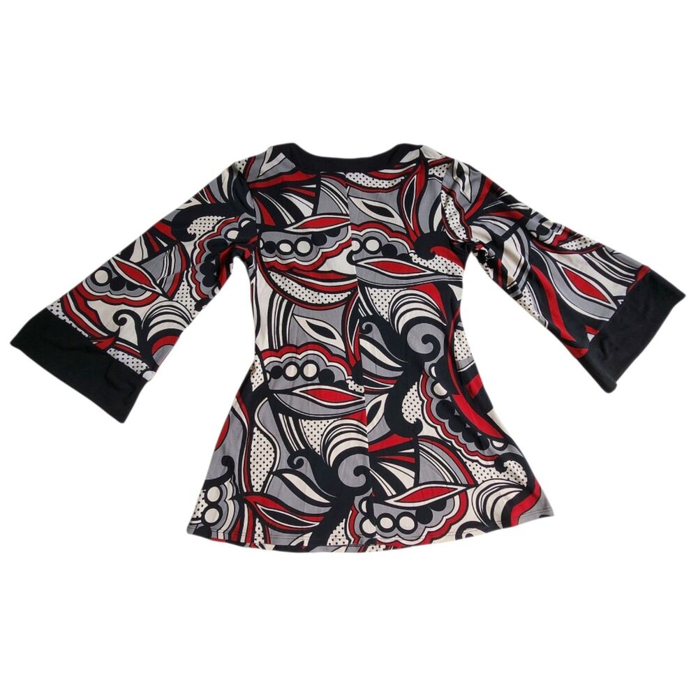 Heart Soul Red Black White Multicolor Swirl Print Faux Wrap 3/4 Sleeve Top Sz M - Picture 2 of 12
